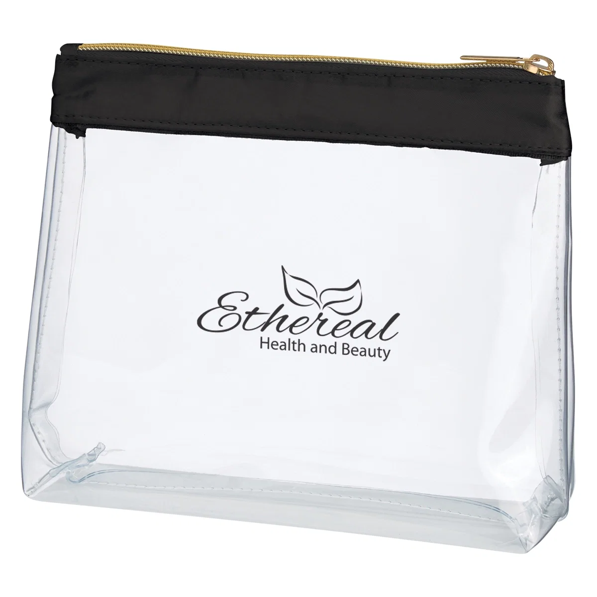 Clear cosmetic bag trimmed with satin along the edges