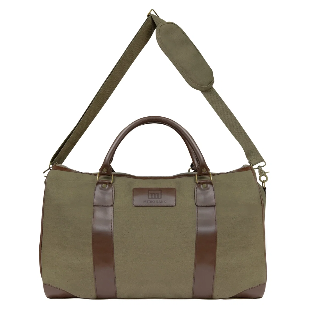 Olive weekender duffel finished with brown trim