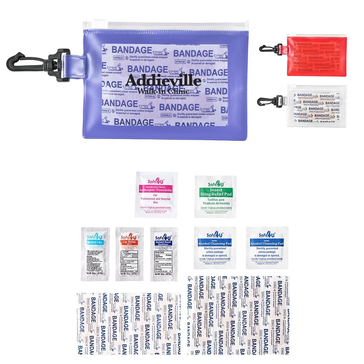 Compact first aid kit in a clear case, about five inches wide