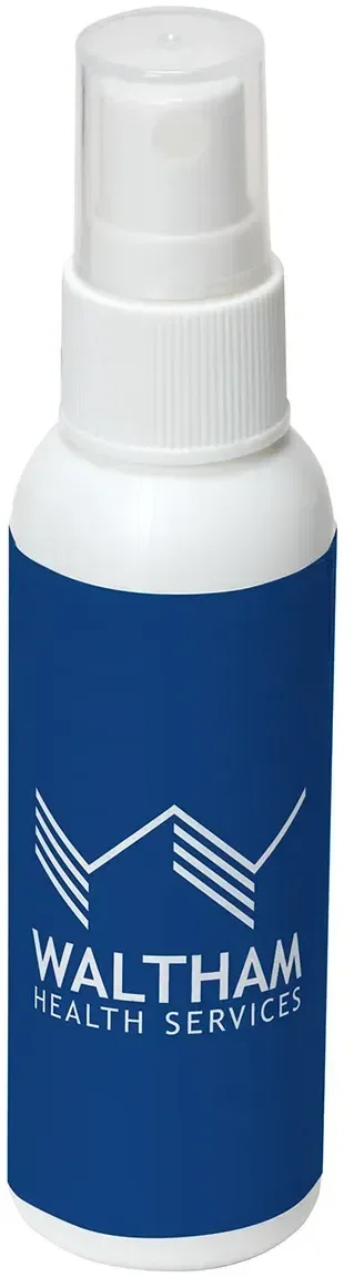 Custom Safeguard SPF 30 sunscreen spray bottle with full-color logo label