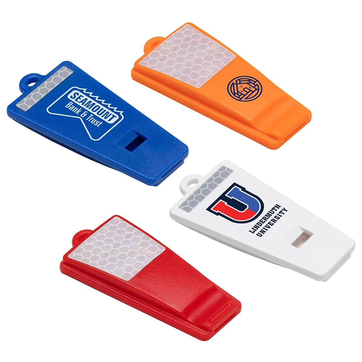 Custom Safety First Reflective Whistle, front view of the branded safety whistle