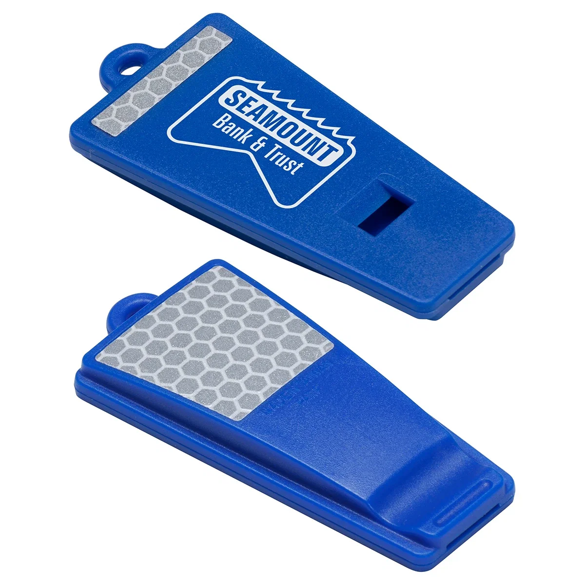 Close-up of the reflective strip and imprint area on the Safety First Reflective Whistle