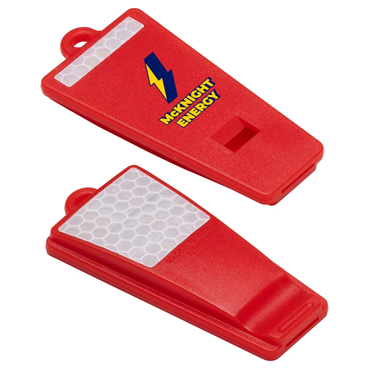 Safety First Reflective Whistle held up to demonstrate its compact, easy-to-carry size