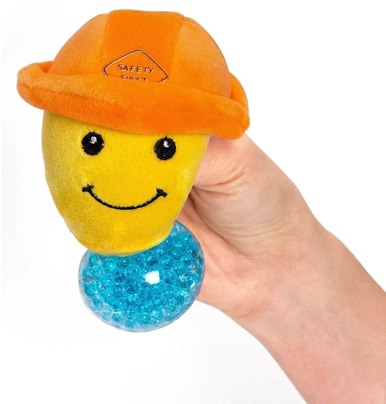 Stress Busters branded plush squeeze toy, custom gel-bead sensory ball, style 8 side view