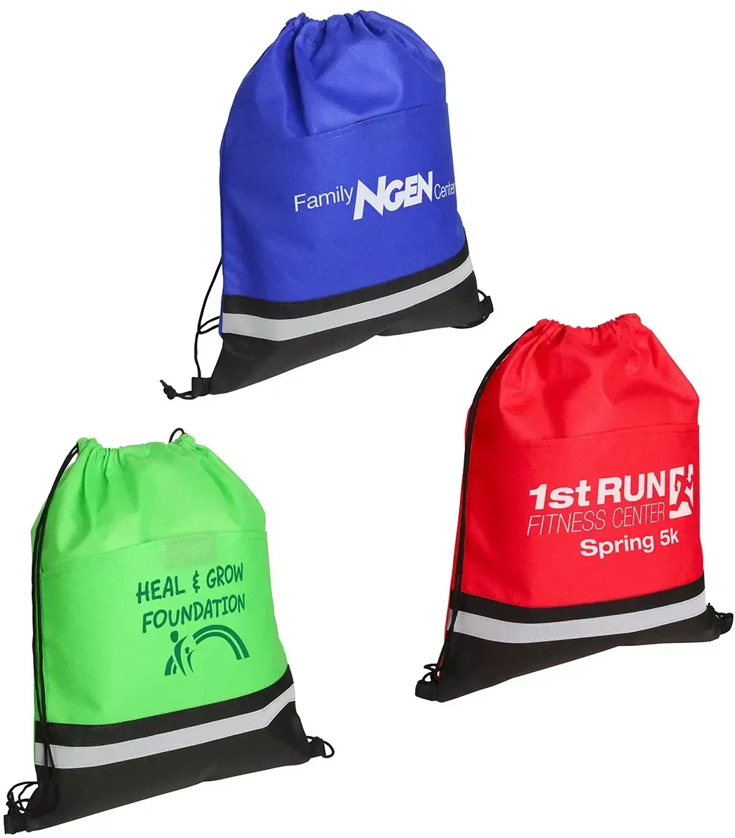 Custom Safety reflective stripe drawstring bag, branded cinch pack front view with logo area