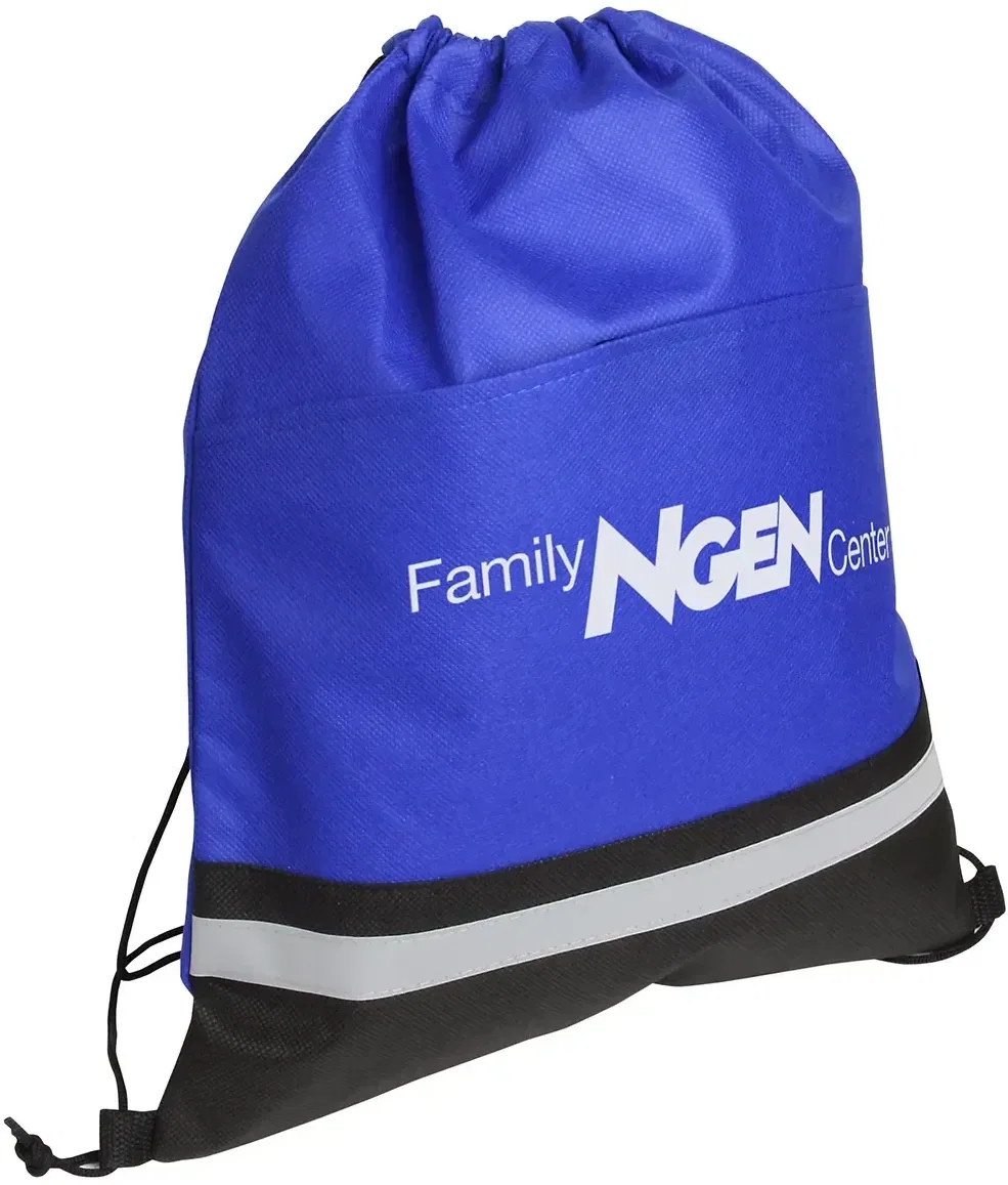 Branded reflective drawstring bag showing front safety stripe in low light