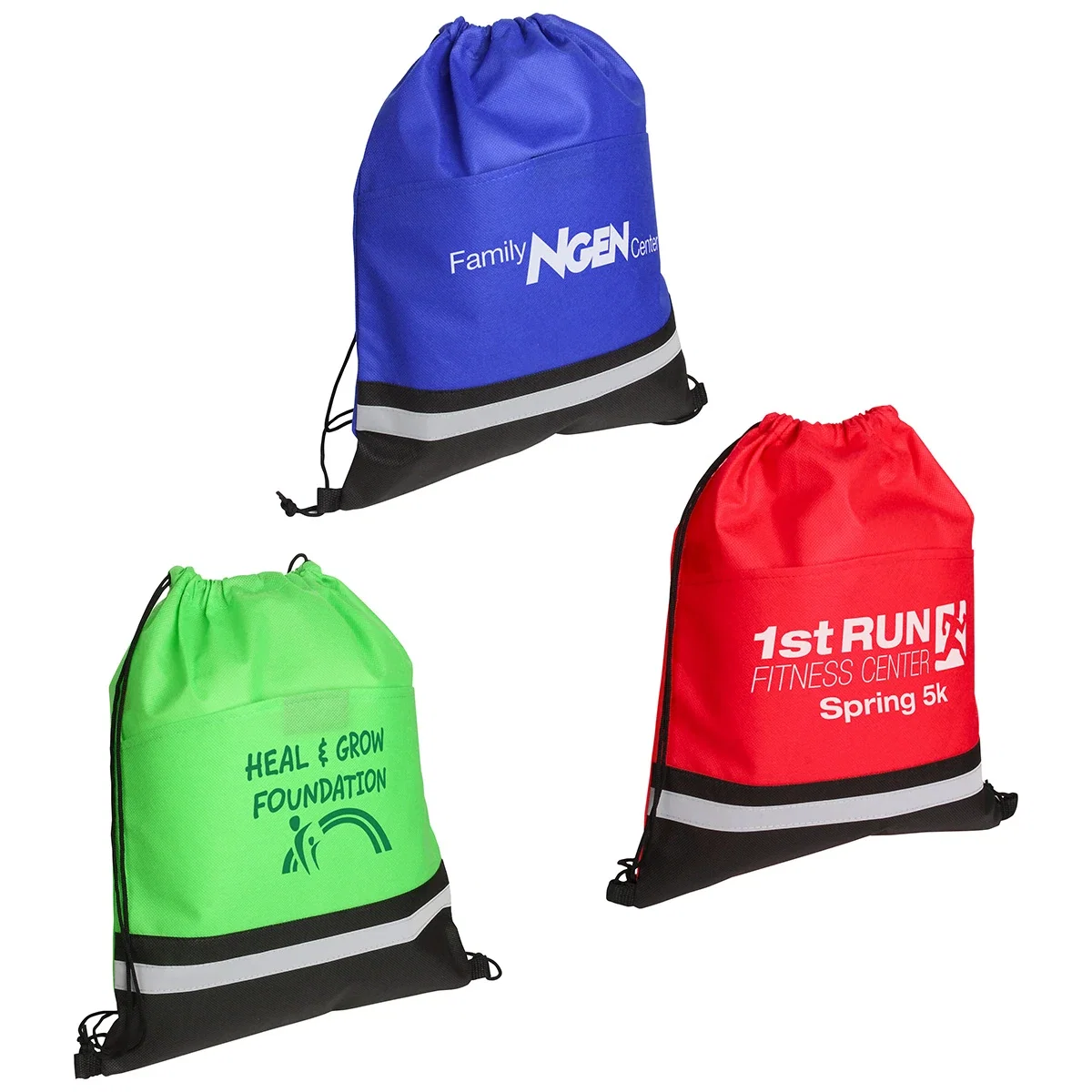 Promotional reflective cinch pack back view with drawstring straps