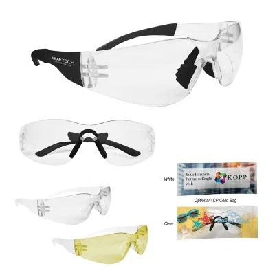 Safety spectacles with clear lenses and black temple arms