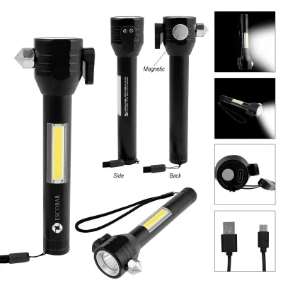 Black safety tool with a rechargeable COB flashlight