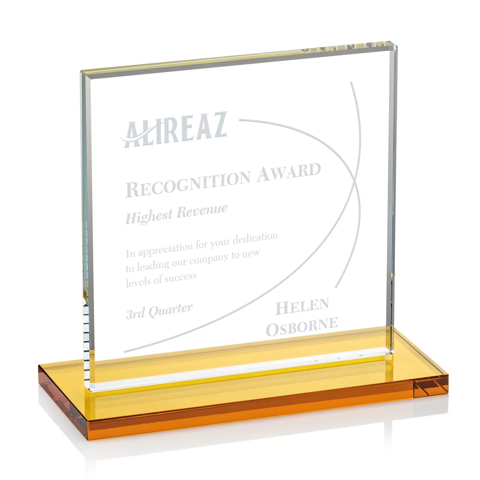 Custom Starfire Crystal Square Award, Flat Pane on a Colored Flat-Edge Base, awards for volunteer appreciation