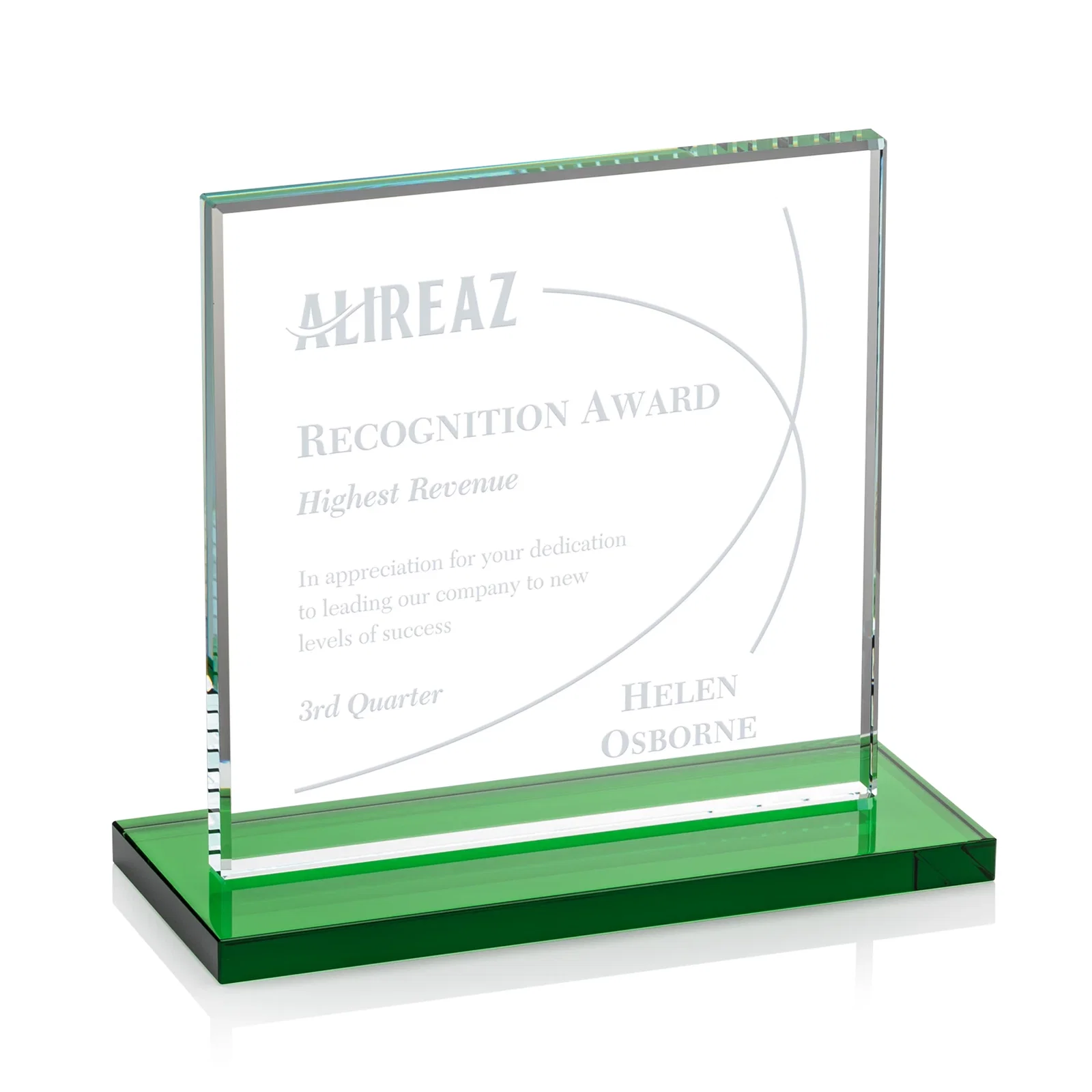 Personalized Starfire Crystal Square Award, Flat Pane on a Colored Flat-Edge Base, awards for corporate award ceremonies