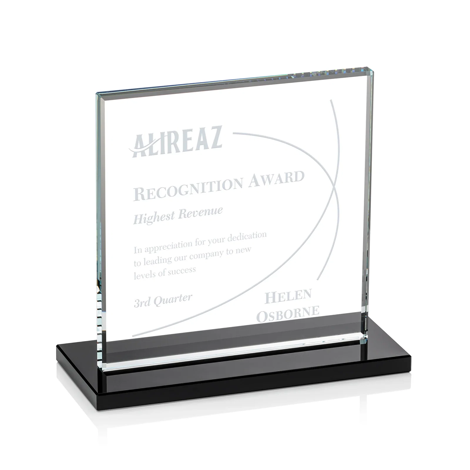 Personalized Starfire Crystal Square Award, Flat Pane on a Colored Flat-Edge Base, awards for retirement presentations