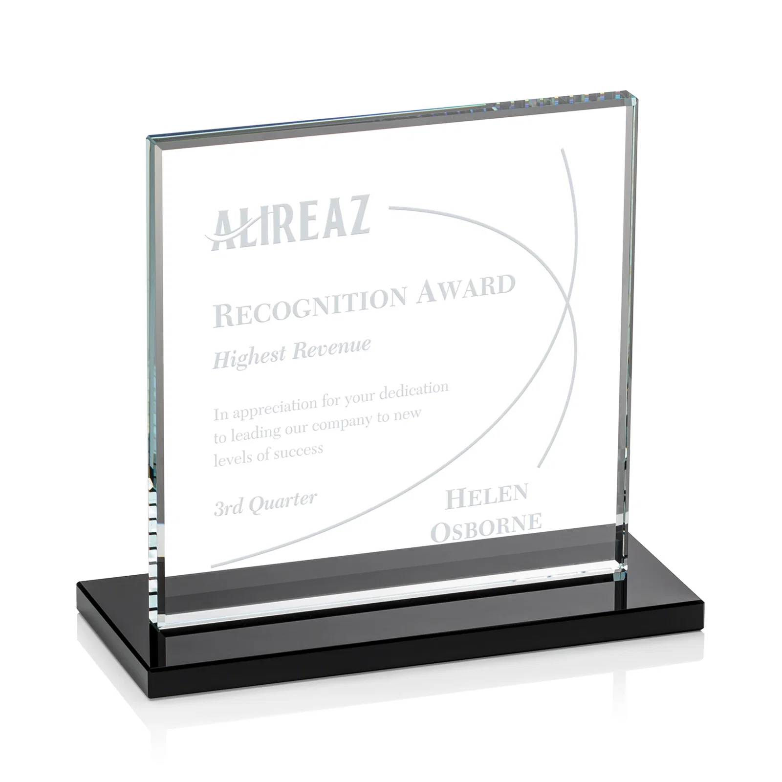 Personalized Starfire Crystal Square Award, Flat Pane on a Colored Flat-Edge Base, awards for donor appreciation