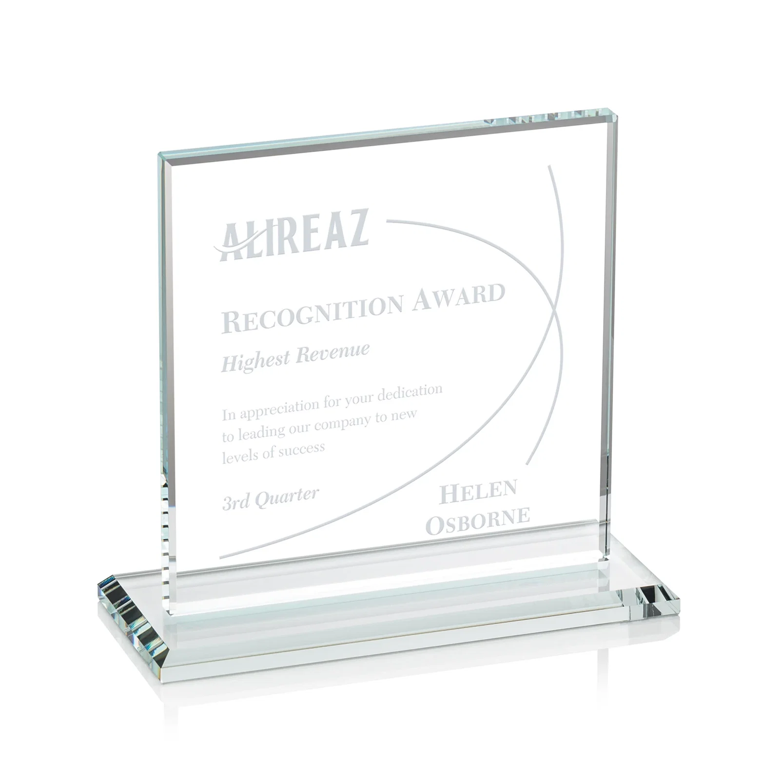 Custom Starfire Crystal Square Award, Flat Pane on a Colored Flat-Edge Base, awards for corporate award ceremonies