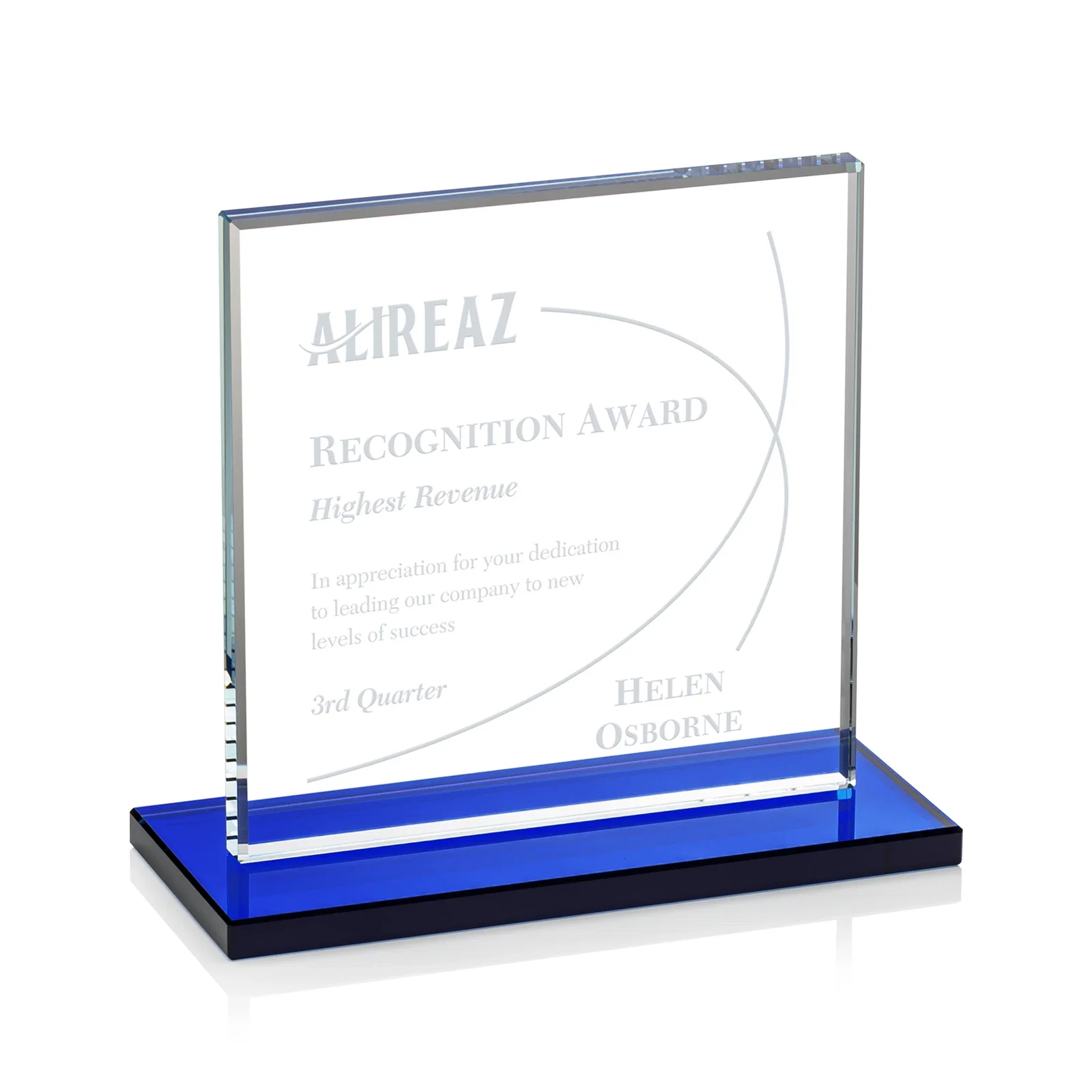 Personalized Starfire Crystal Square Award, Flat Pane on a Colored Flat-Edge Base, awards for volunteer appreciation