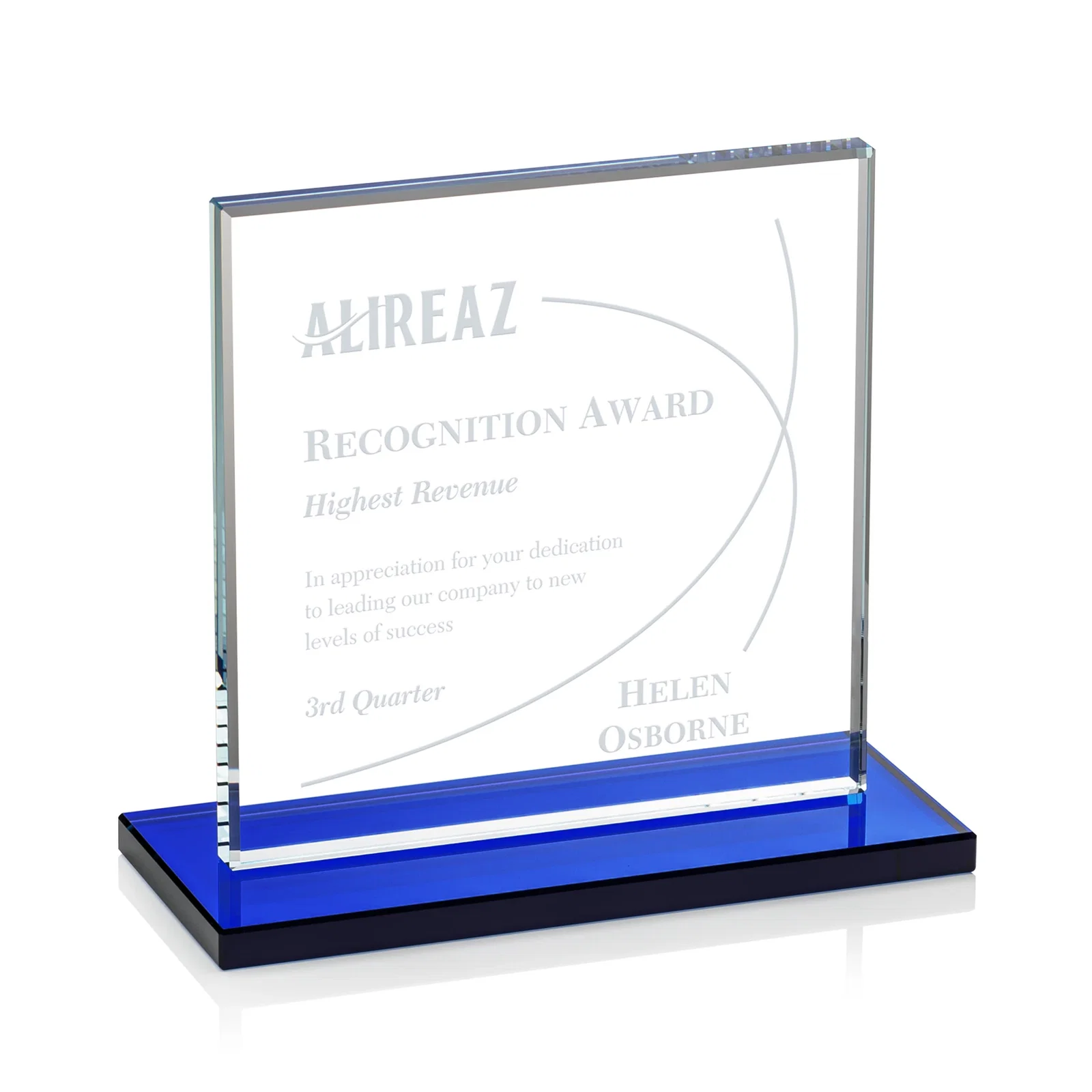 Personalized Starfire Crystal Square Award, Flat Pane on a Colored Flat-Edge Base, awards for dealer and partner awards