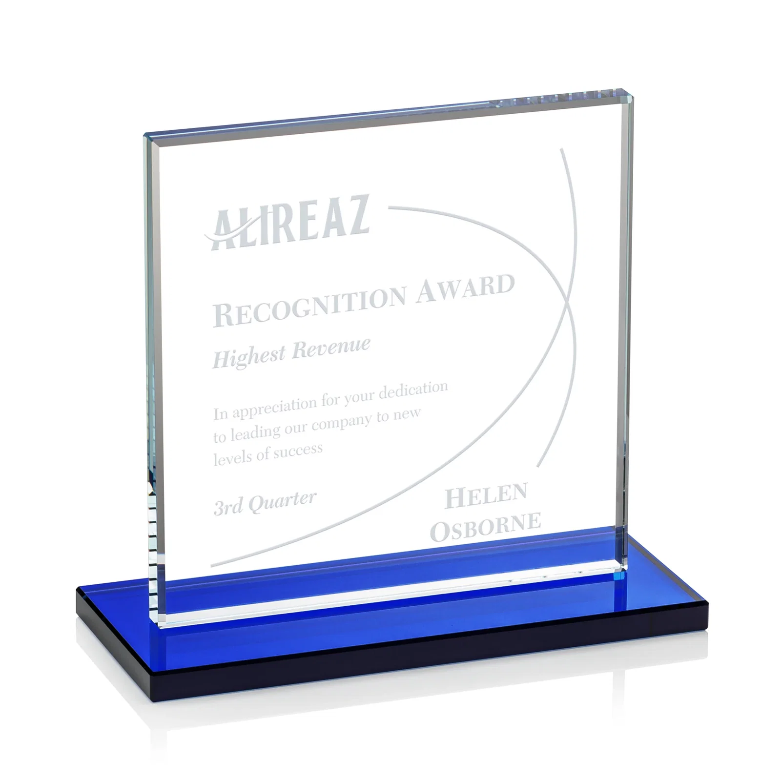 Personalized Starfire Crystal Square Award, Flat Pane on a Colored Flat-Edge Base, awards for company anniversary events