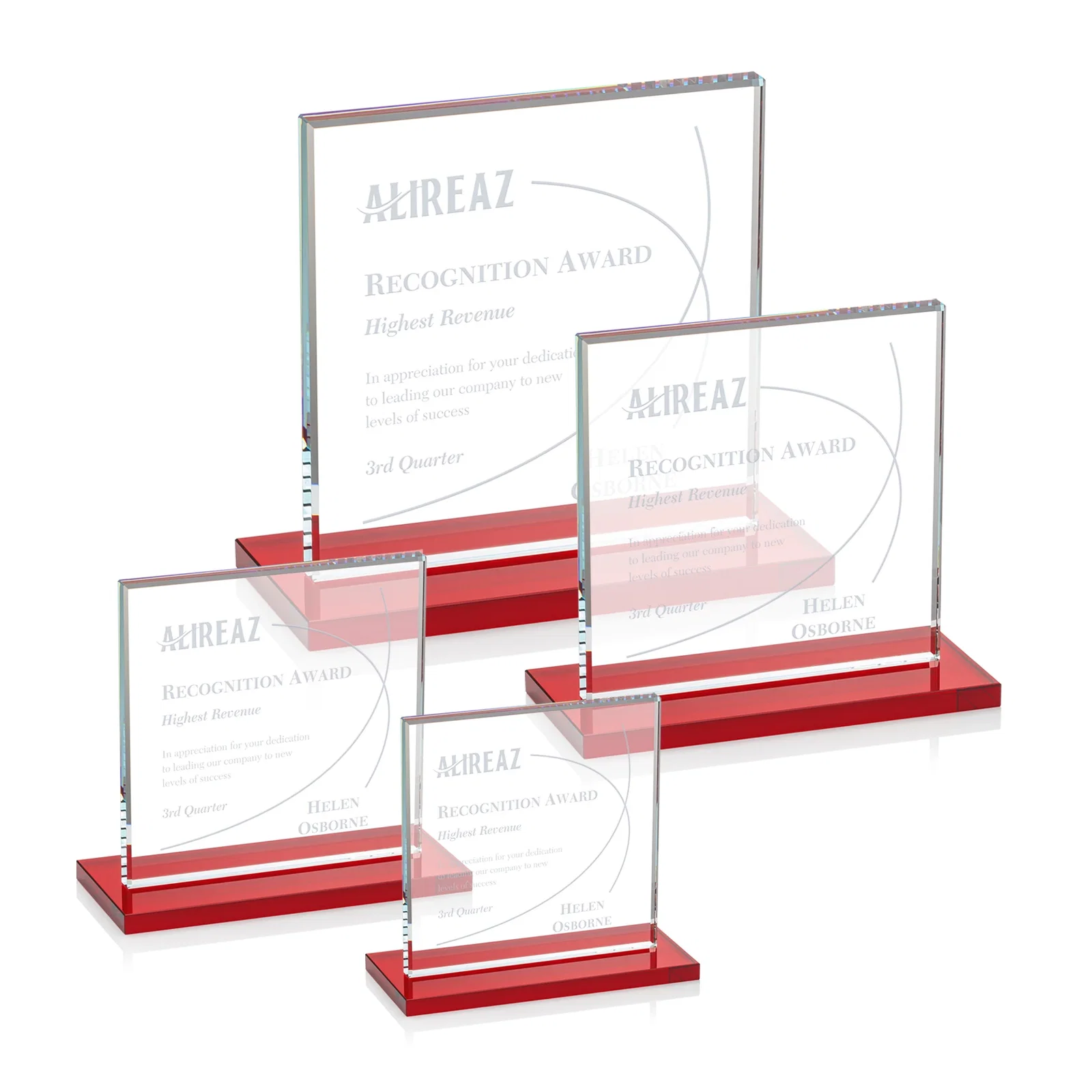 Promotional Starfire Crystal Square Award, Flat Pane on a Colored Flat-Edge Base, awards for corporate award ceremonies