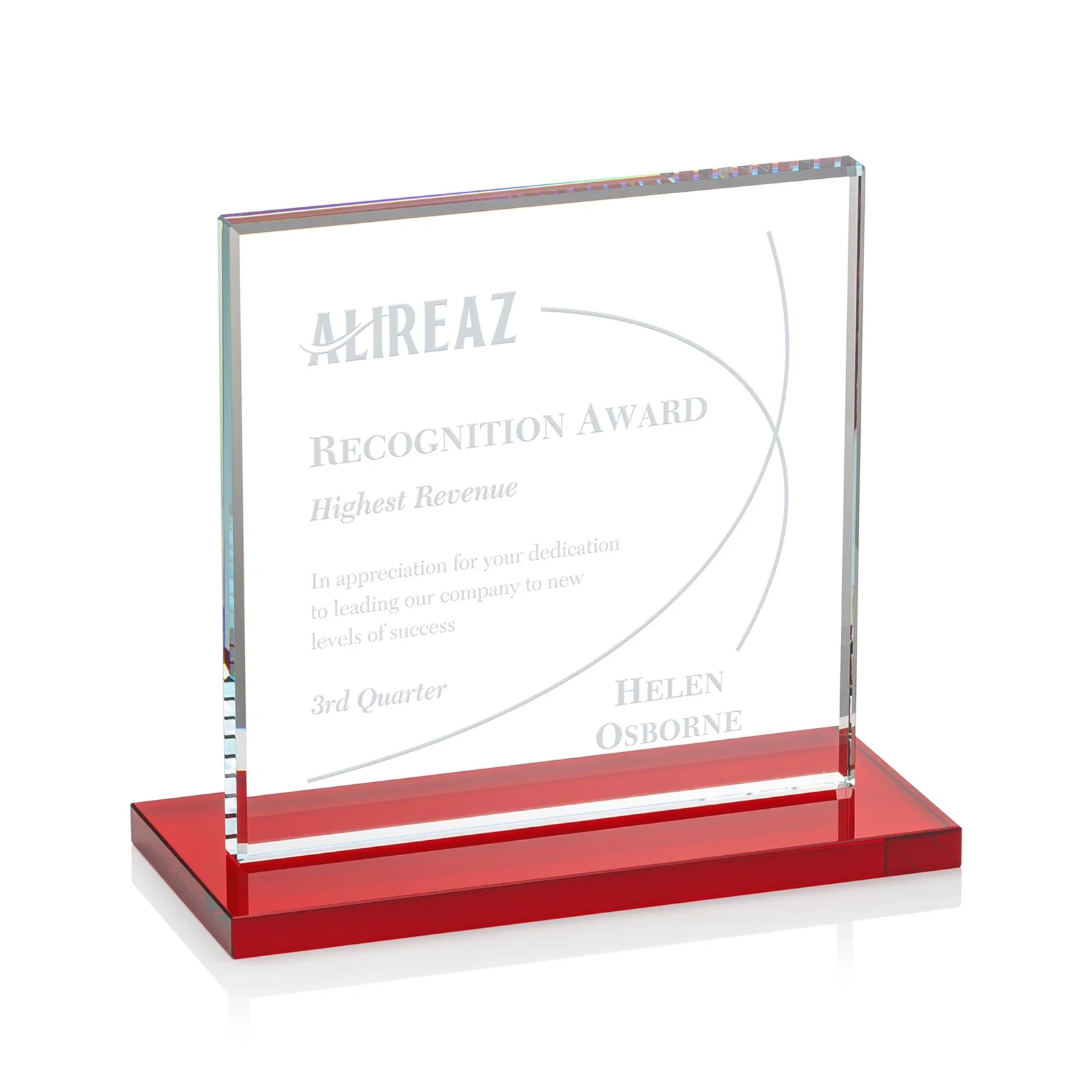 Promotional Starfire Crystal Square Award, Flat Pane on a Colored Flat-Edge Base, awards for service anniversary gifts