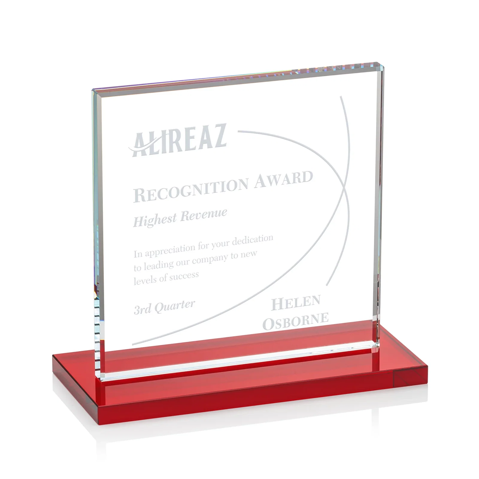 Promotional Starfire Crystal Square Award, Flat Pane on a Colored Flat-Edge Base, awards for sales achievement awards
