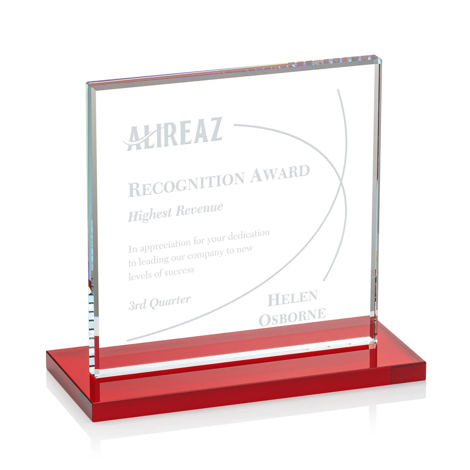 Promotional Starfire Crystal Square Award, Flat Pane on a Colored Flat-Edge Base, awards for retirement presentations