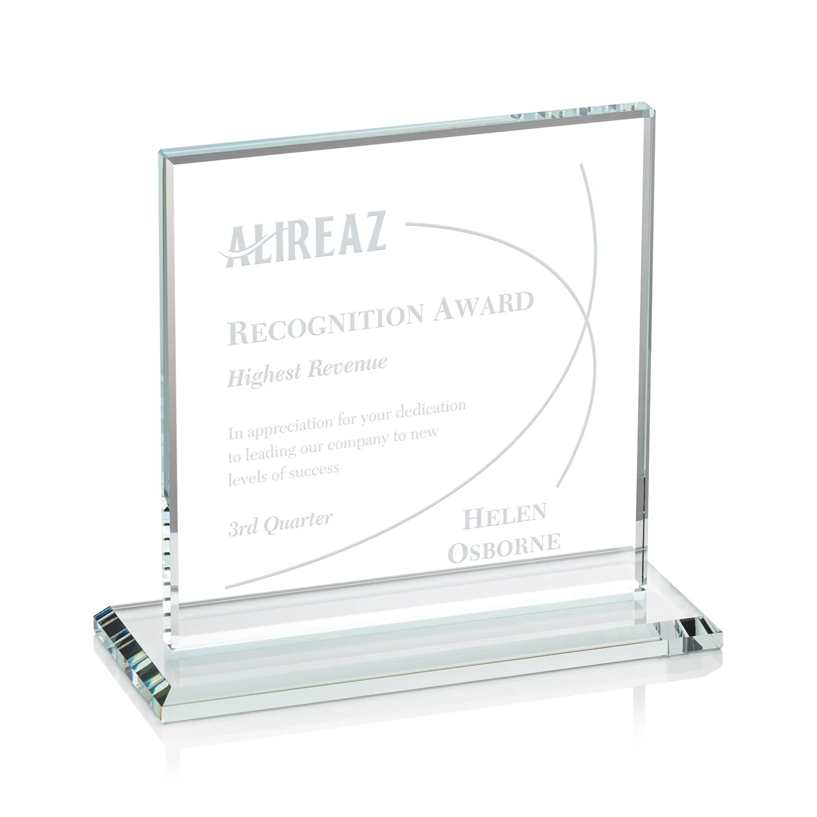 Custom Starfire Crystal Square Award, Flat Pane on a Colored Flat-Edge Base, awards for service anniversary gifts