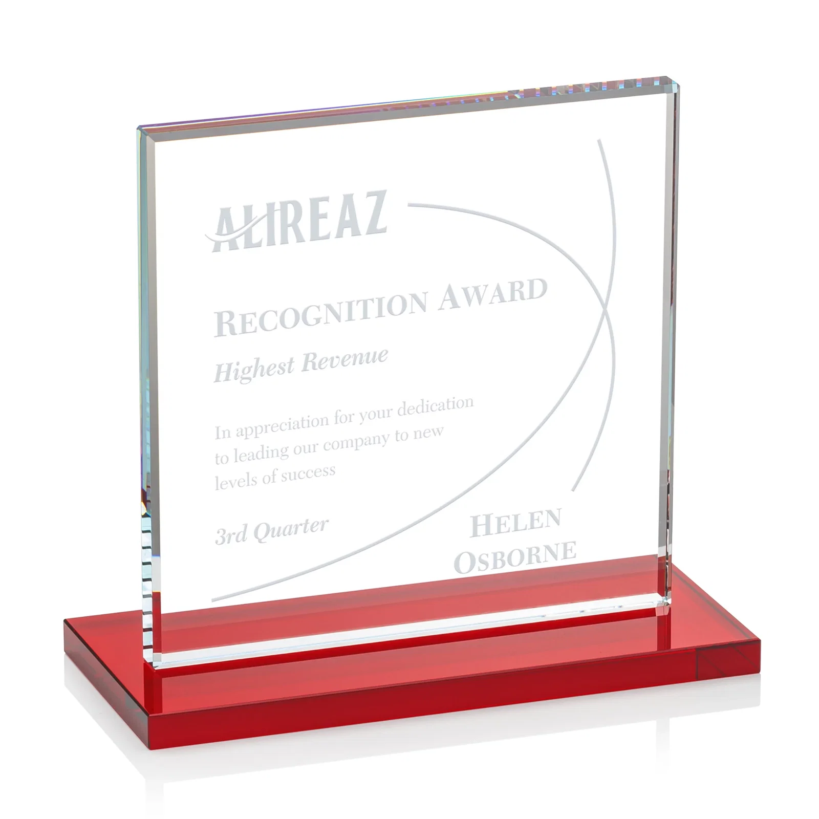Promotional Starfire Crystal Square Award, Flat Pane on a Colored Flat-Edge Base, awards for team milestone celebrations