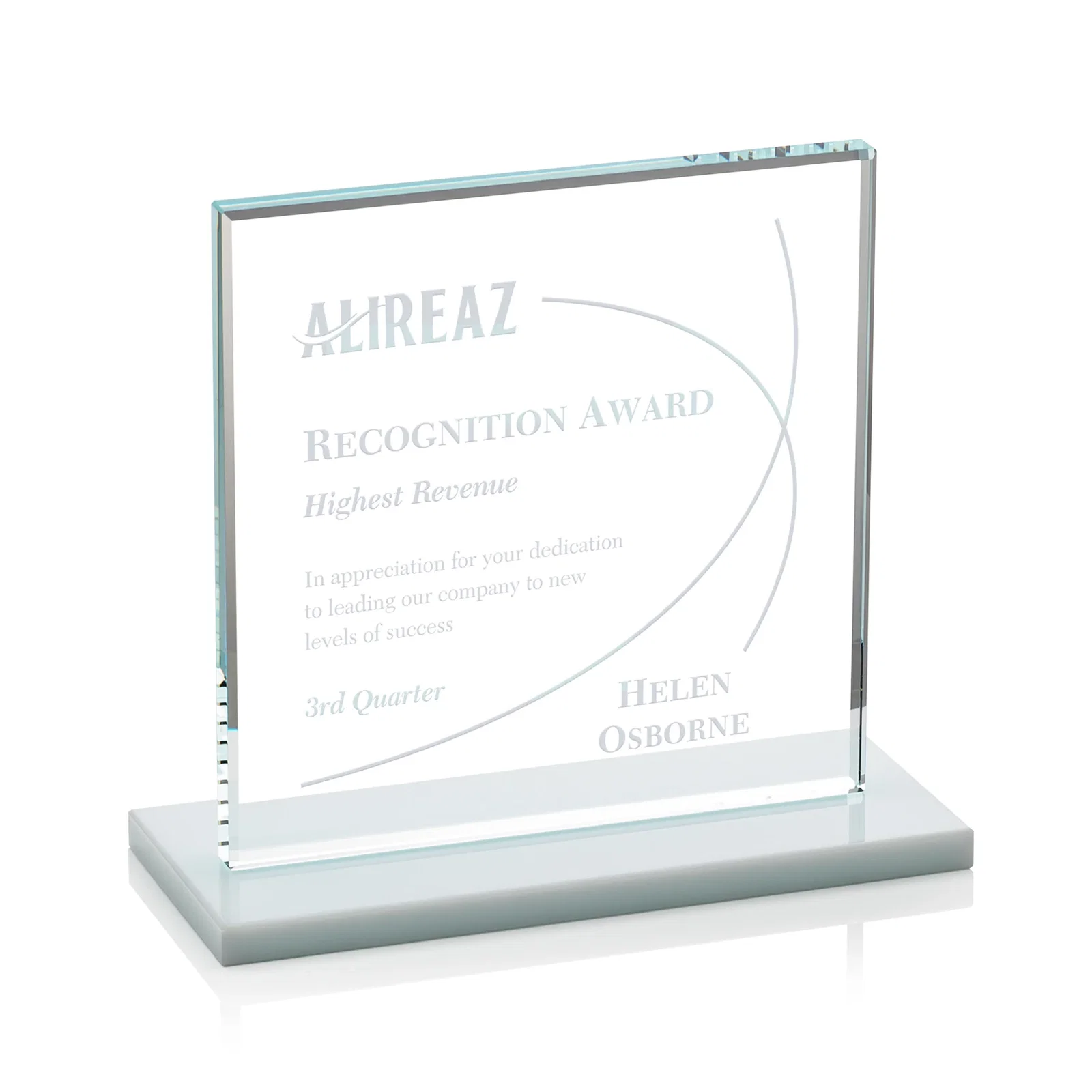 Branded Starfire Crystal Square Award, Flat Pane on a Colored Flat-Edge Base, awards for corporate award ceremonies