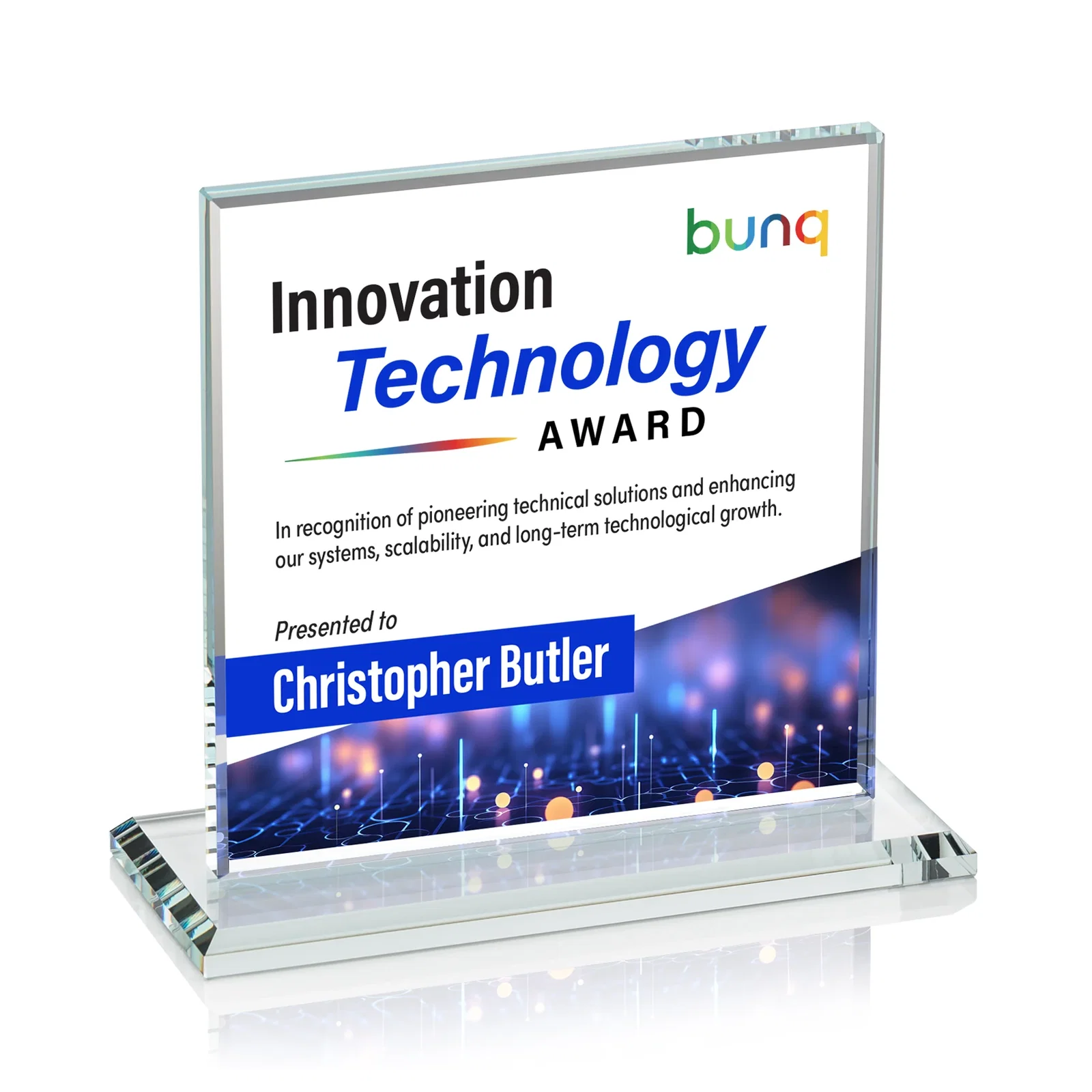 Branded Starfire Crystal Square Award, Flat Pane on a Colored Flat-Edge Base, awards for graduation ceremonies