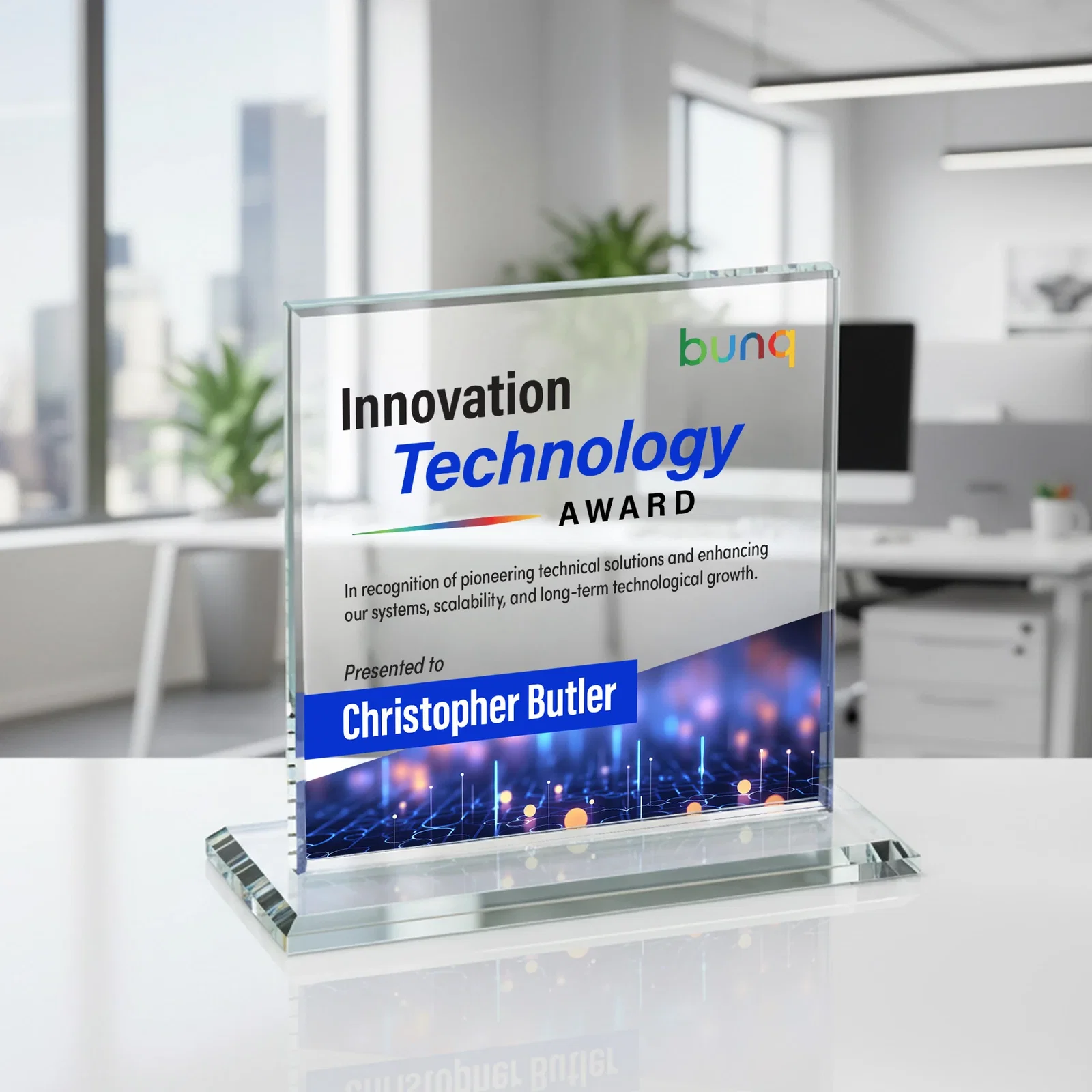 Branded Starfire Crystal Square Award, Flat Pane on a Colored Flat-Edge Base, awards for volunteer appreciation