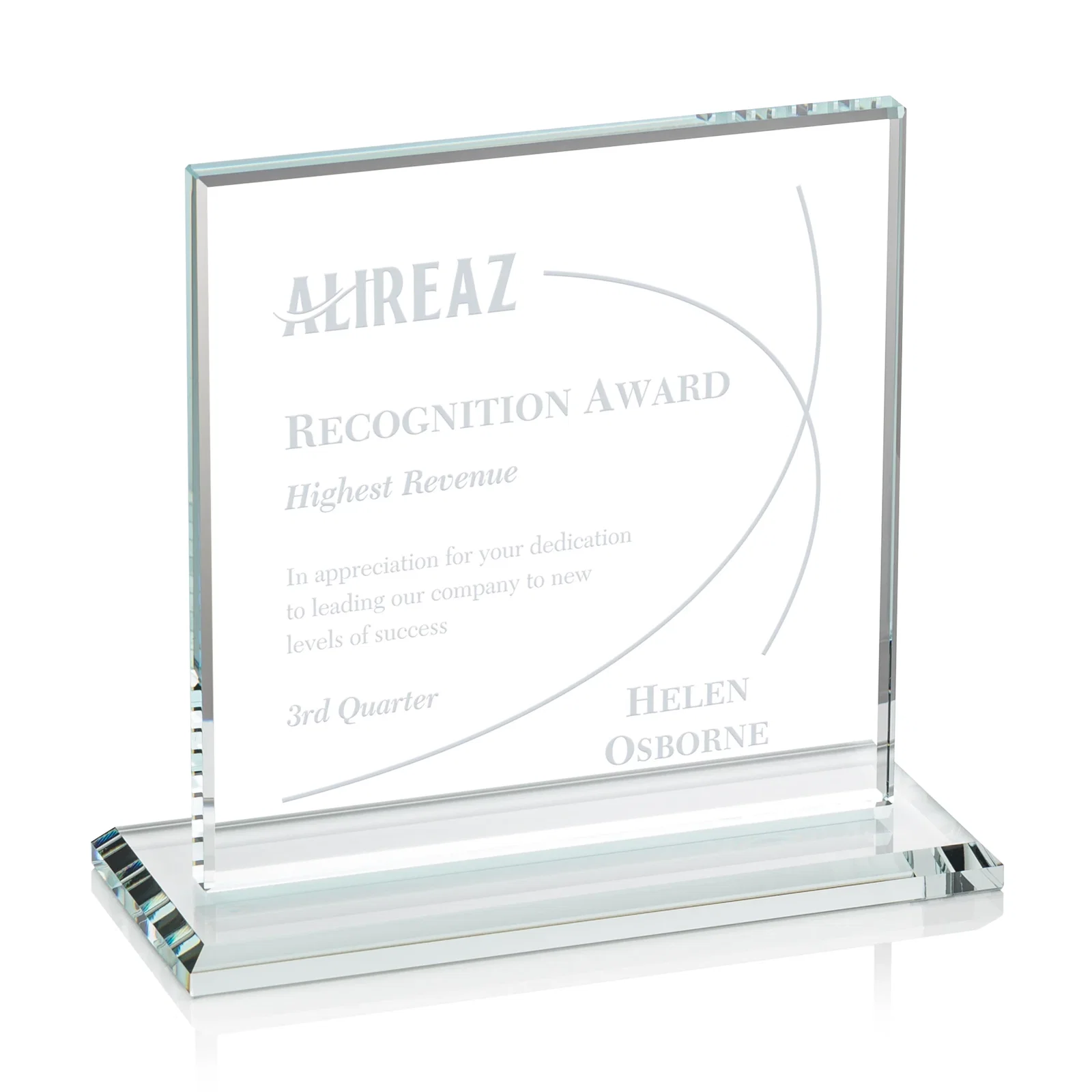 Custom Starfire Crystal Square Award, Flat Pane on a Colored Flat-Edge Base, awards for retirement presentations