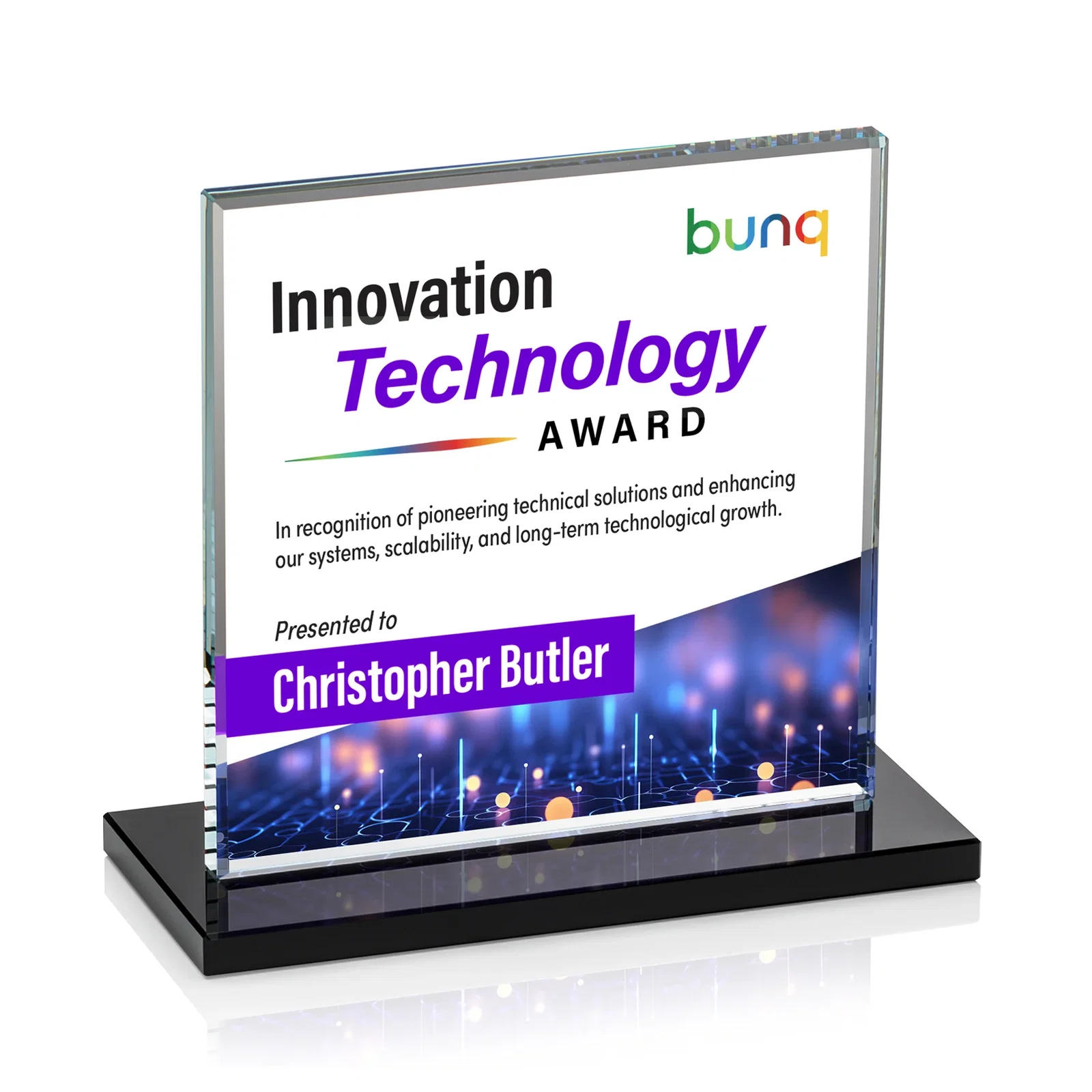 Custom printed Starfire Crystal Square Award, Flat Pane on a Colored Flat-Edge Base, awards for company anniversary events