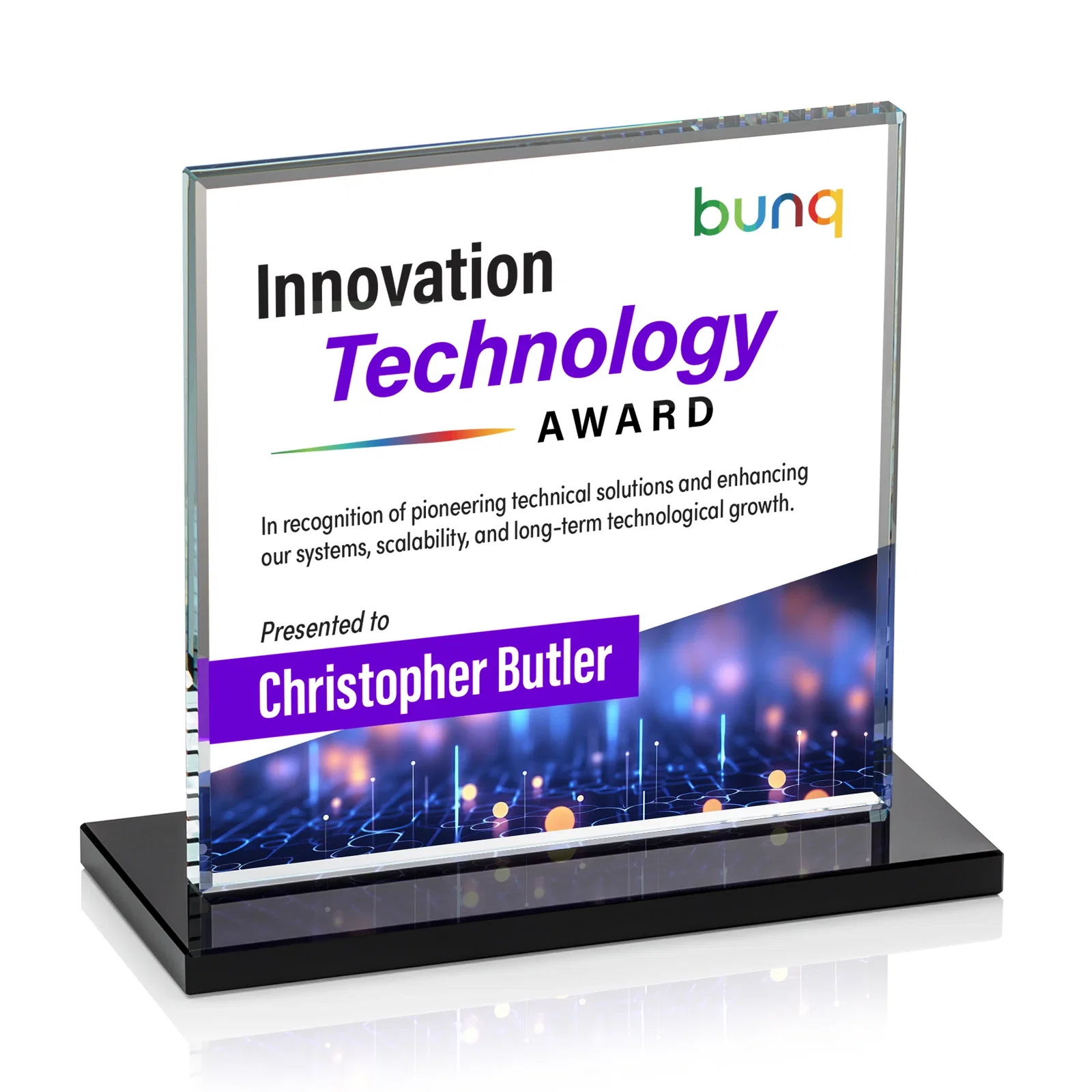 Customized Starfire Crystal Square Award, Flat Pane on a Colored Flat-Edge Base, awards for employee recognition