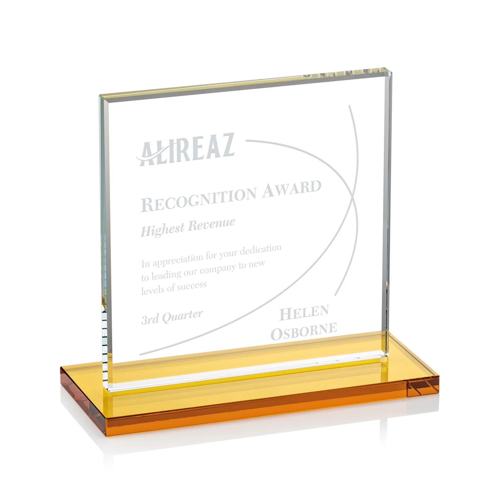 Custom Starfire Crystal Square Award, Flat Pane on a Colored Flat-Edge Base, awards for donor appreciation