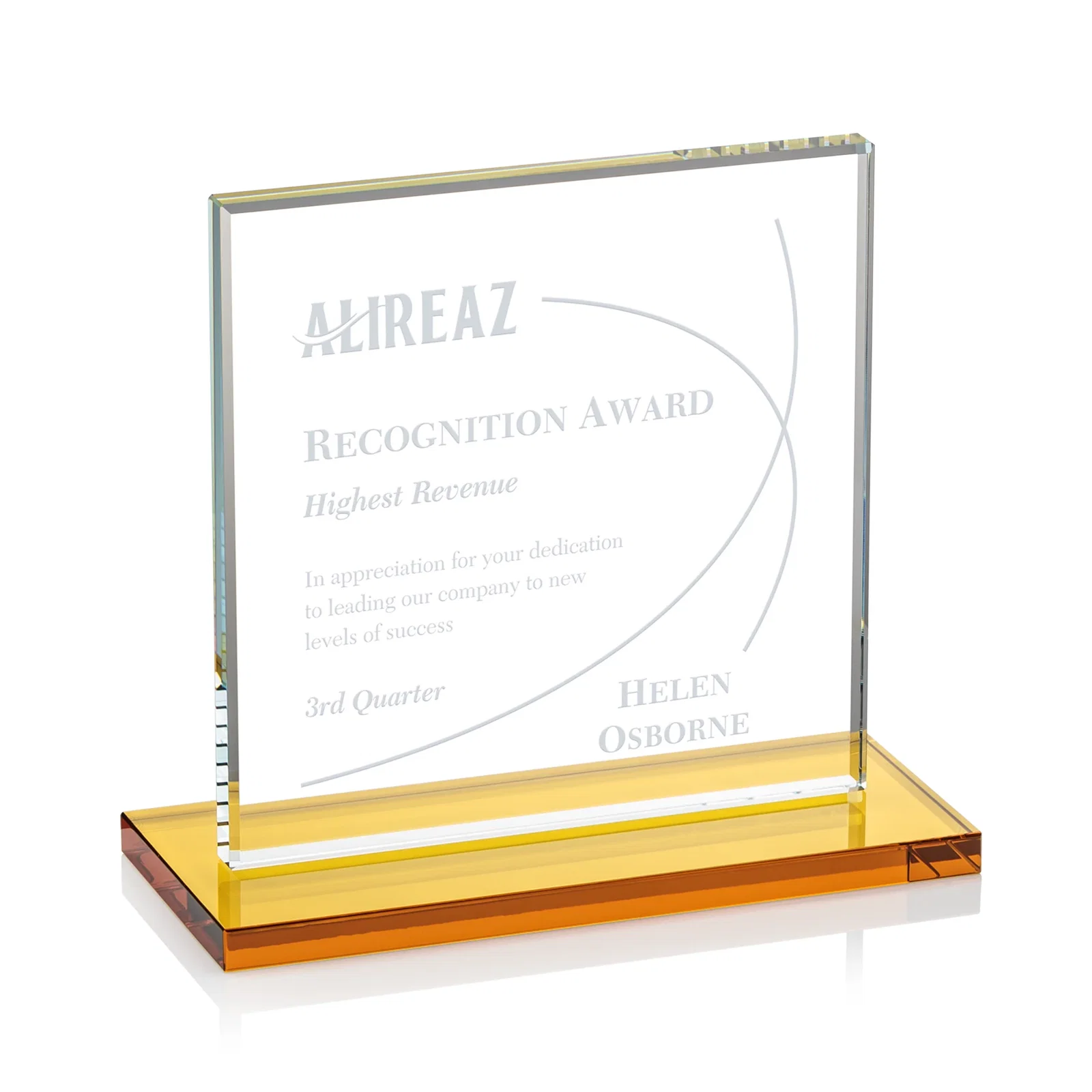 Custom Starfire Crystal Square Award, Flat Pane on a Colored Flat-Edge Base, awards for graduation ceremonies