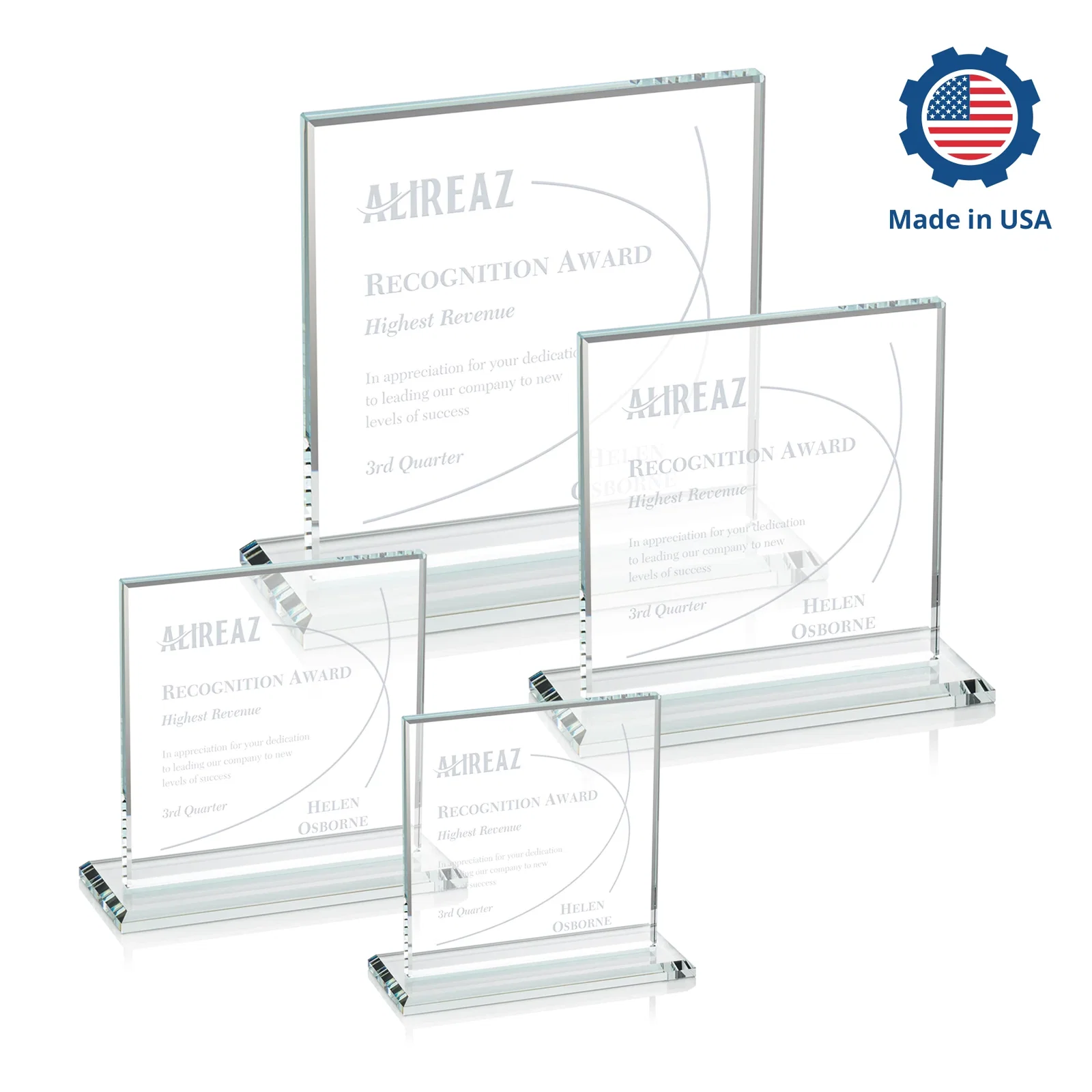 Custom engraved Starfire Crystal Square Award, Flat Pane on a Colored Flat-Edge Base, awards for volunteer appreciation