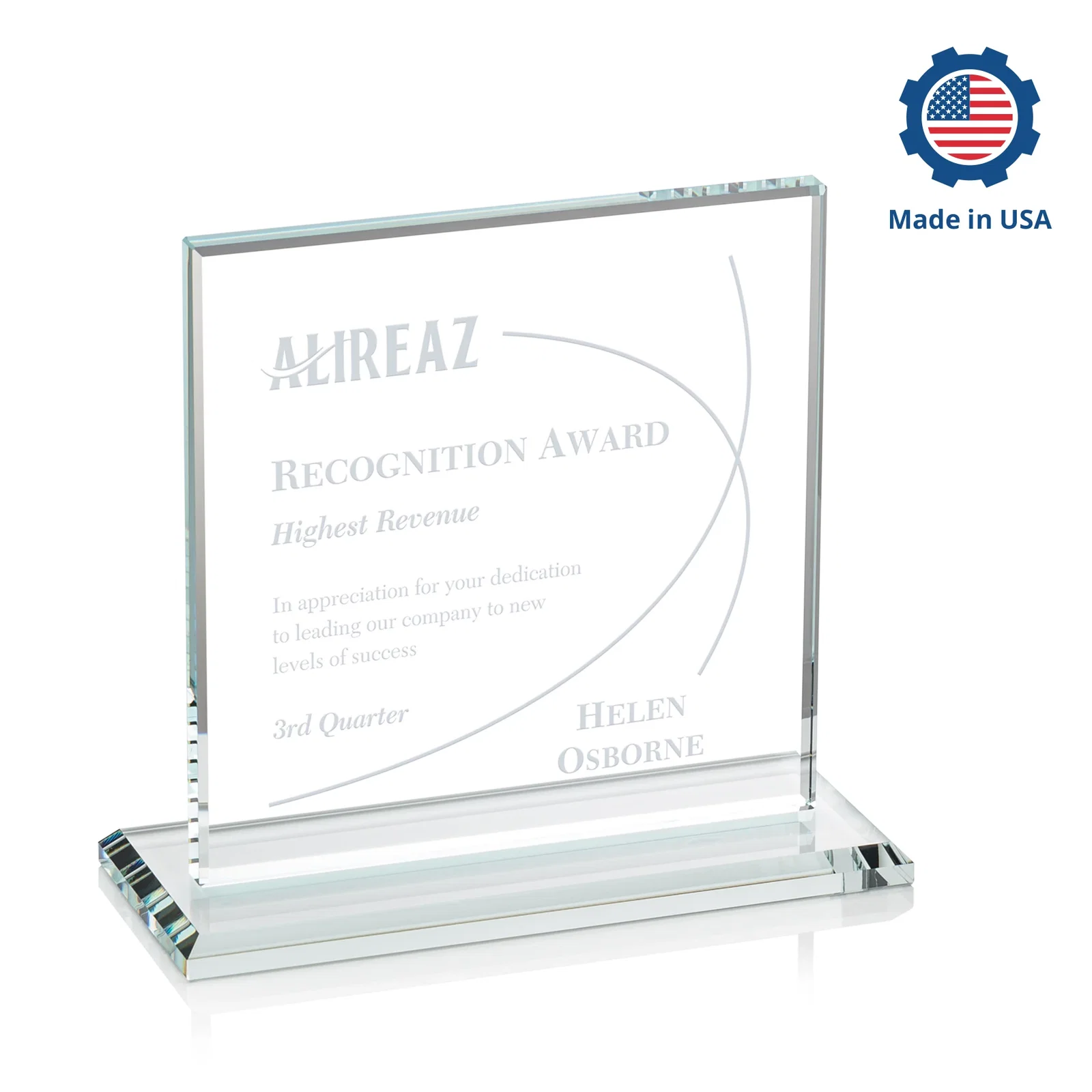Custom engraved Starfire Crystal Square Award, Flat Pane on a Colored Flat-Edge Base, awards for dealer and partner awards