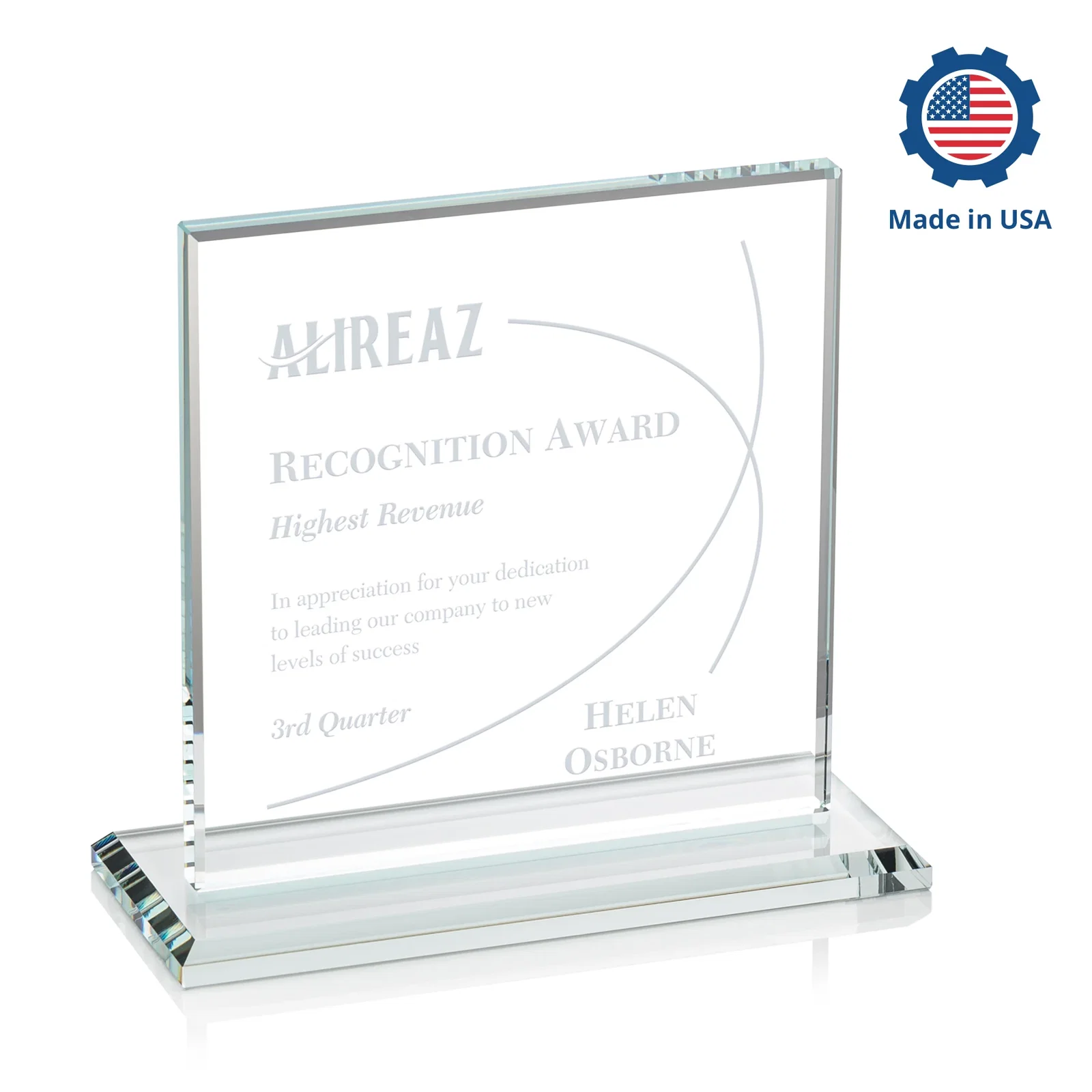 Custom engraved Starfire Crystal Square Award, Flat Pane on a Colored Flat-Edge Base, awards for company anniversary events