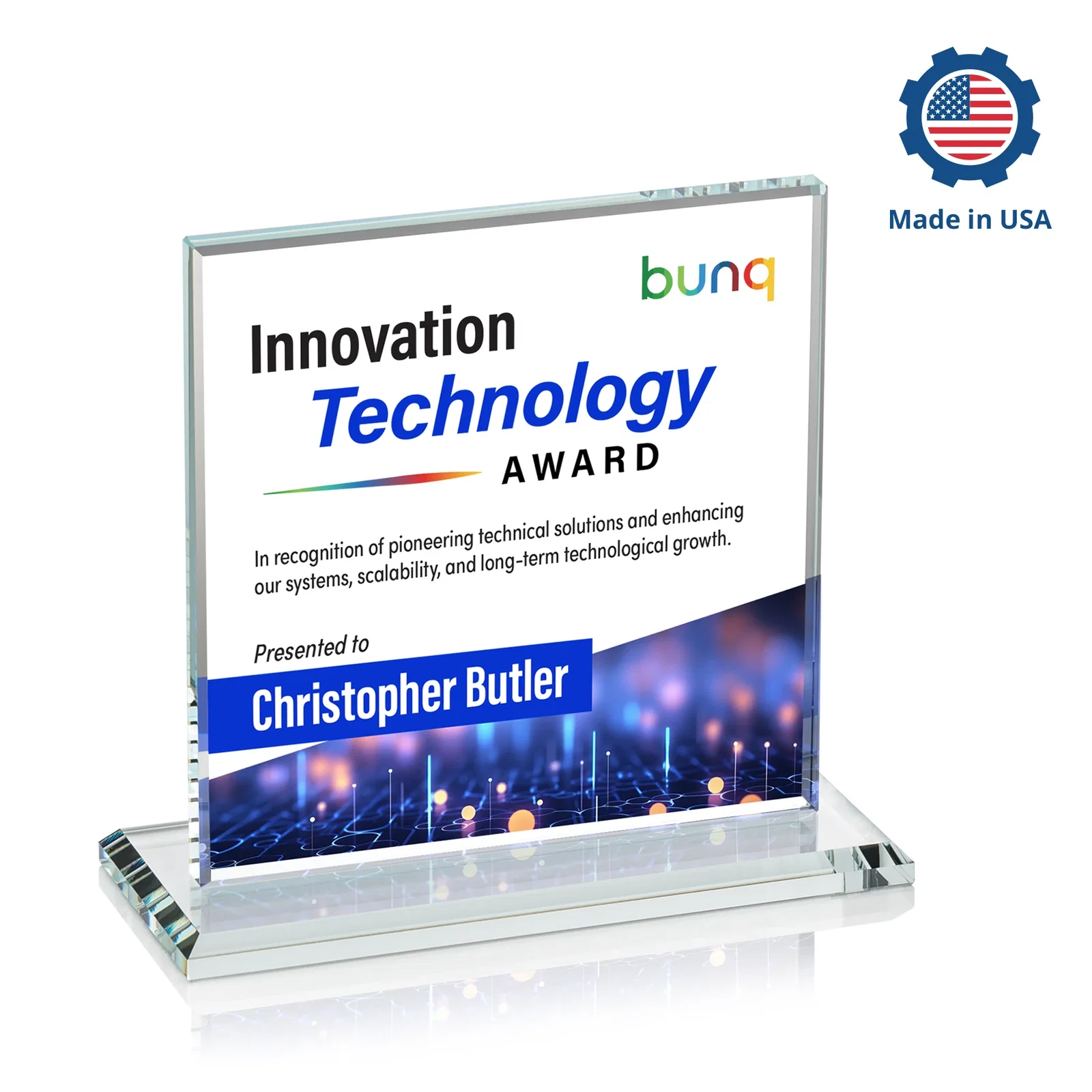 Custom Starfire Crystal Square Award, Flat Pane on a Colored Flat-Edge Base, awards, with your logo for sales achievement awards