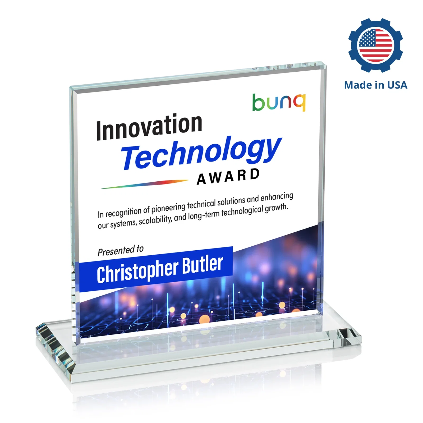 Custom Starfire Crystal Square Award, Flat Pane on a Colored Flat-Edge Base, awards, with your logo for retirement presentations
