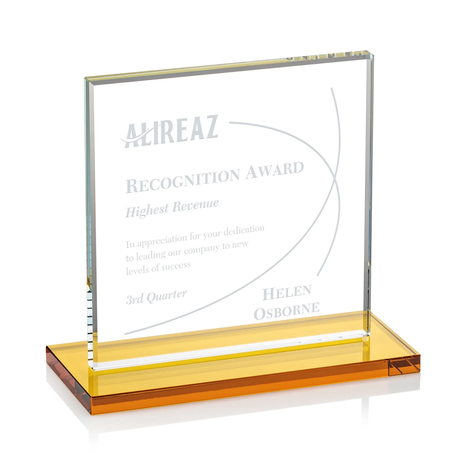Custom Starfire Crystal Square Award, Flat Pane on a Colored Flat-Edge Base, awards for safety achievement programs