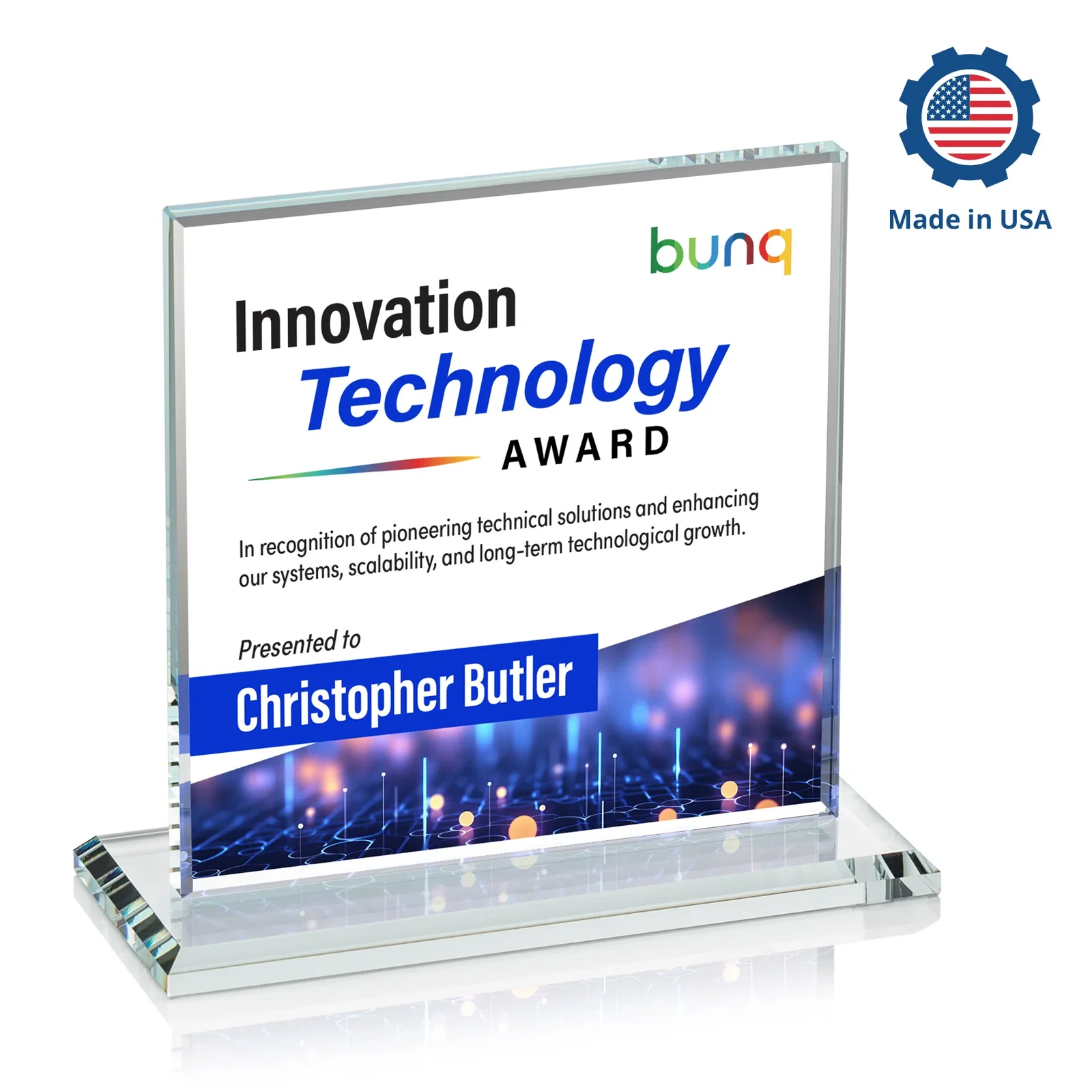 Custom Starfire Crystal Square Award, Flat Pane on a Colored Flat-Edge Base, awards, with your logo for team milestone celebrations