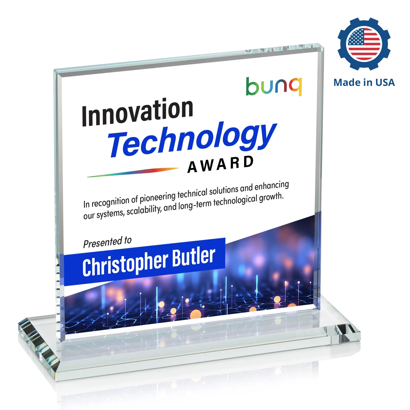 Custom Starfire Crystal Square Award, Flat Pane on a Colored Flat-Edge Base, awards, with your logo for donor appreciation