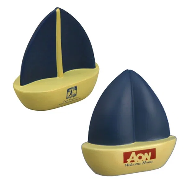 Sailboat-shaped foam stress reliever with a pad-printed logo panel on the side