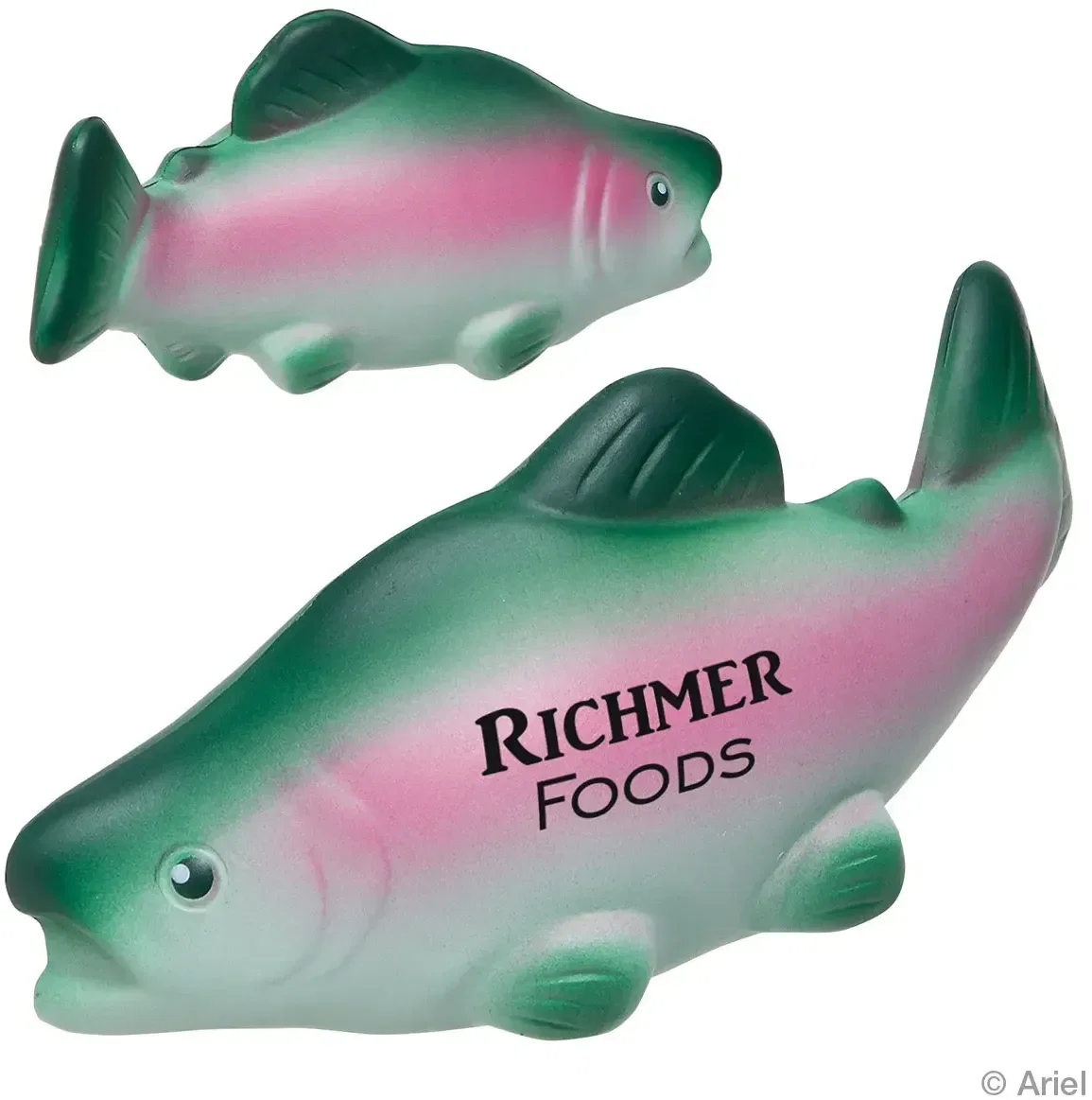 Salmon stress reliever shaped like a salmon, custom branded promotional squeeze toy, front view