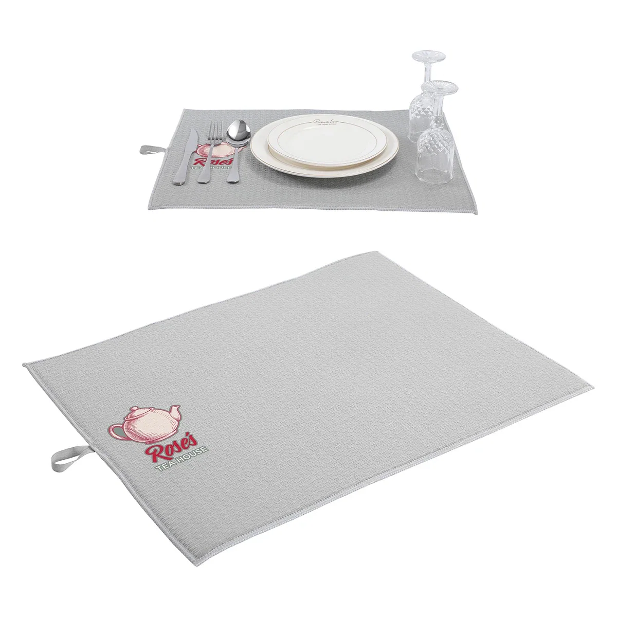 Custom Saloon 20" x 15" Dish Drying Mat, front view of the branded kitchen mat