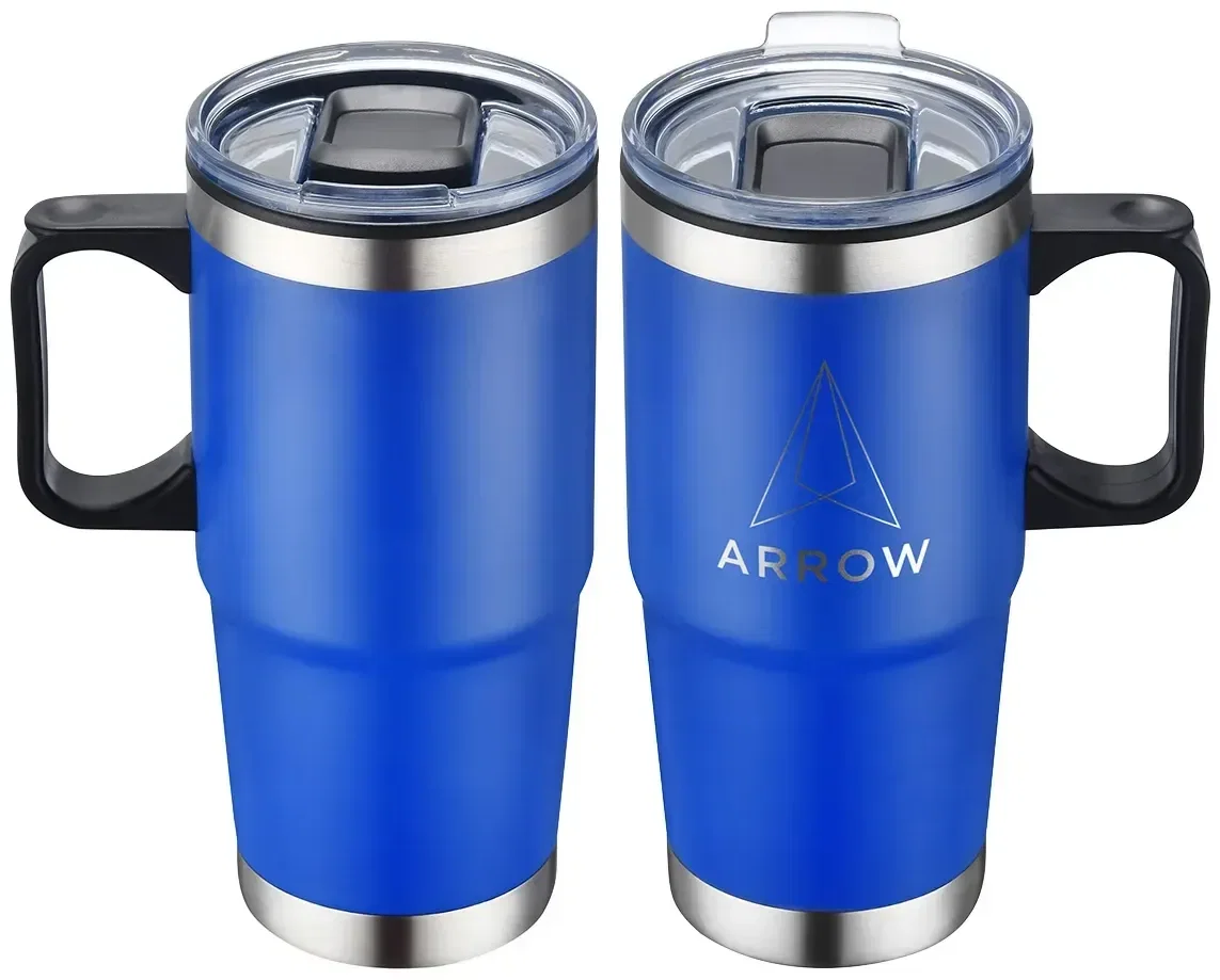 Branded promotional San Siro travel mug showing handle and sliding lid