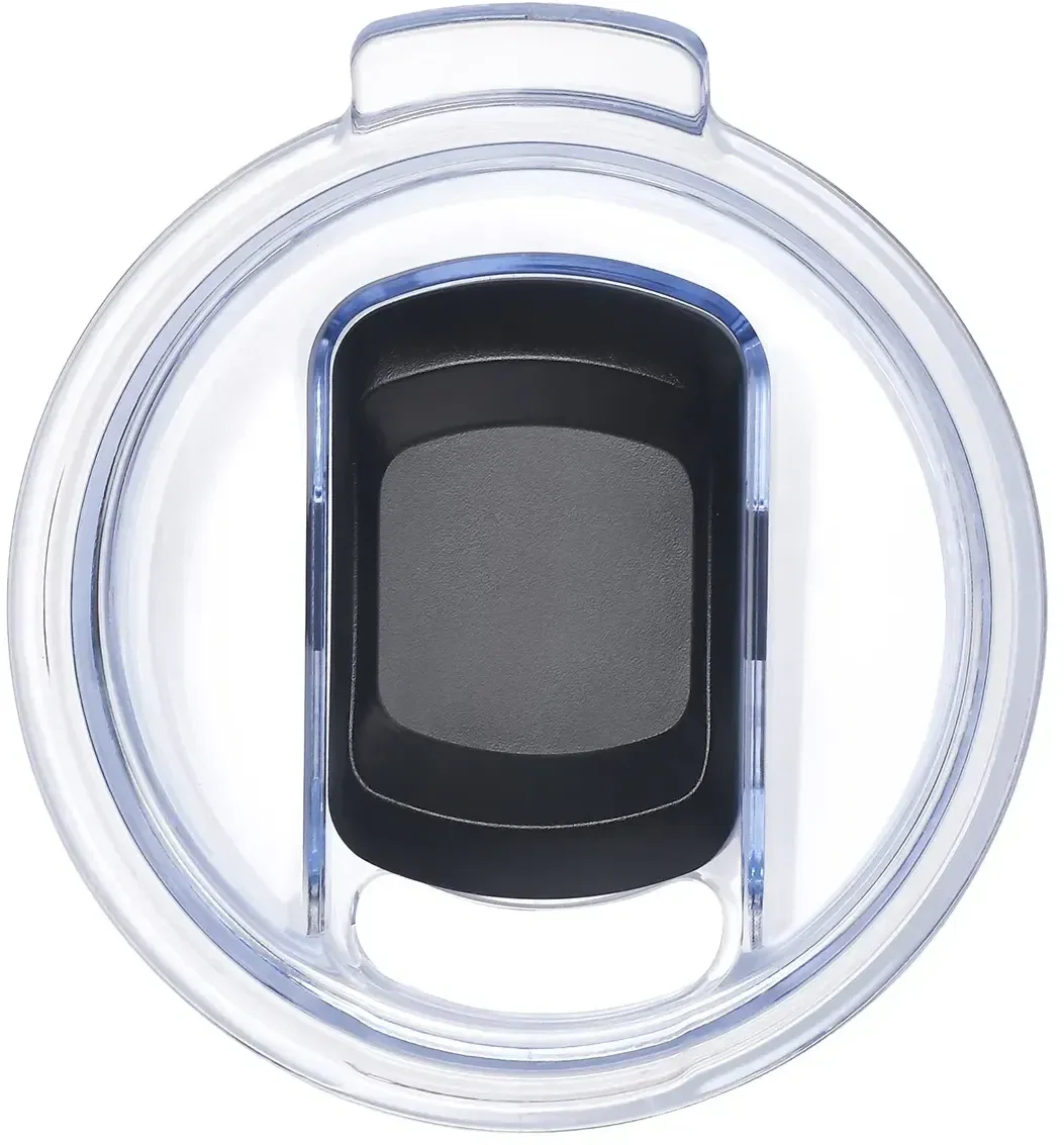 Promotional San Siro travel mug close-up of sliding lid and logo area