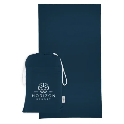 Sand-free rPET beach towel shown flat next to its carry pouch