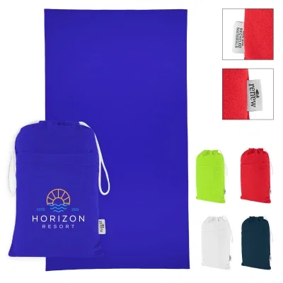 Folded towel tucked inside the compact drawstring pouch for travel